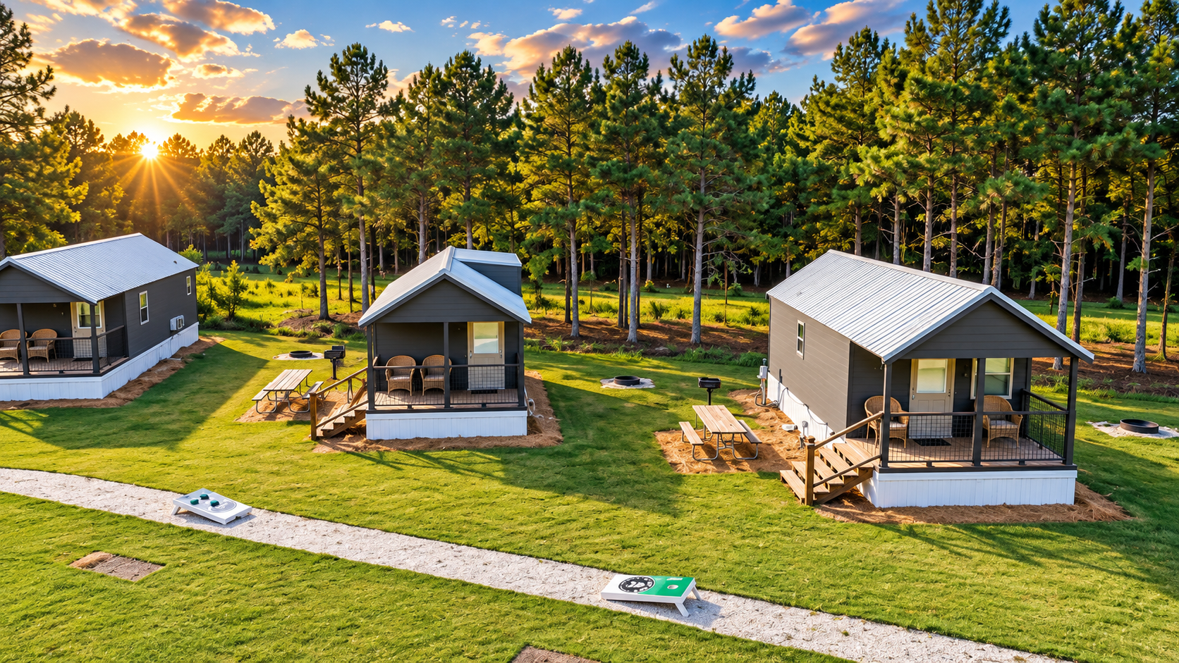 Cabins with porches, picnic tables and fire rings at In The Pines, late sun through the loblolly pines behind them
