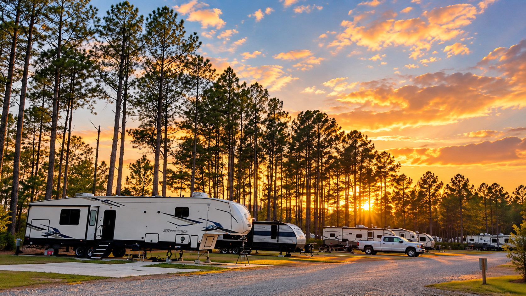 Sunset over the RV sites and the pines at In The Pines RV and Cabin Village in Bolivia, North Carolina