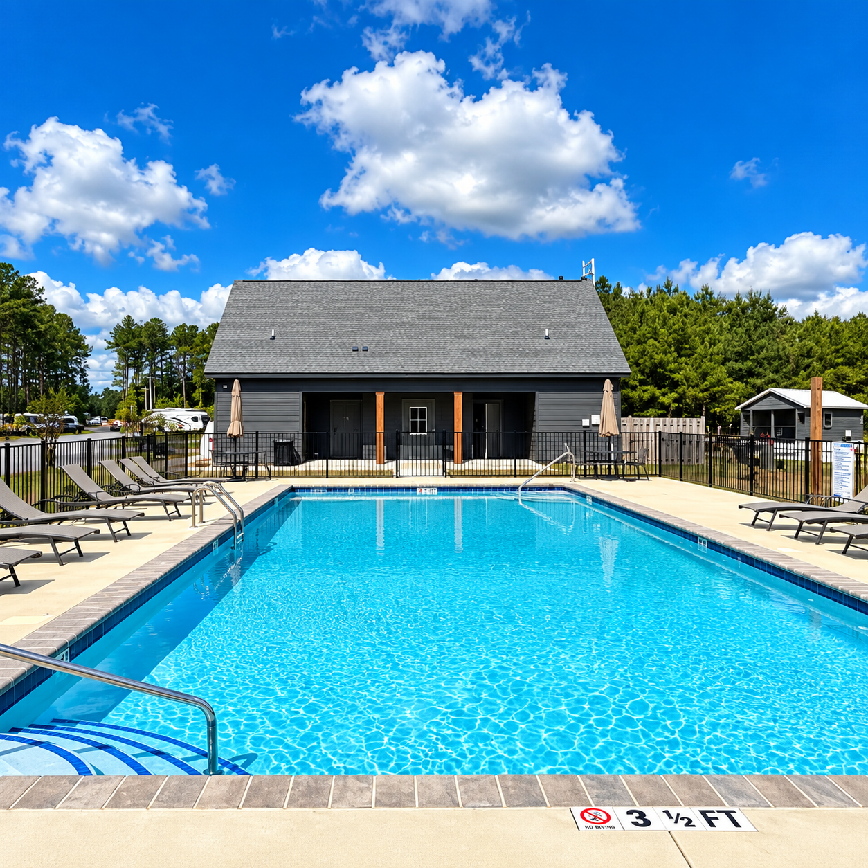 The pool at In The Pines, loungers along both sides and the bathhouse behind it