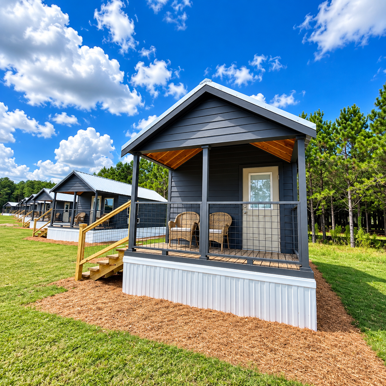 A cabin with a covered porch and rocking chairs at In The Pines RV and Cabin Village
