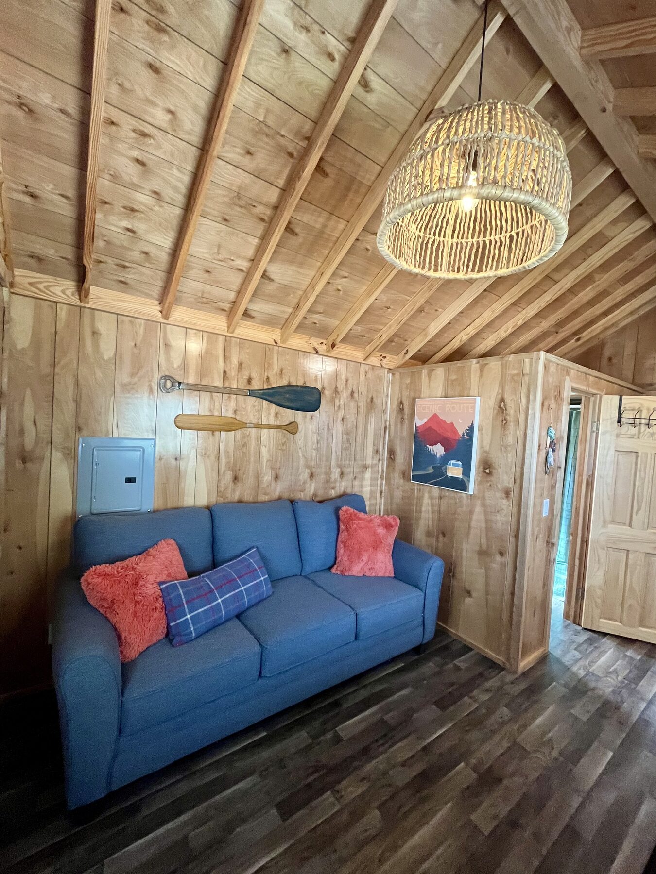 Inside a cedar-lined cabin at In The Pines RV and Cabin Village